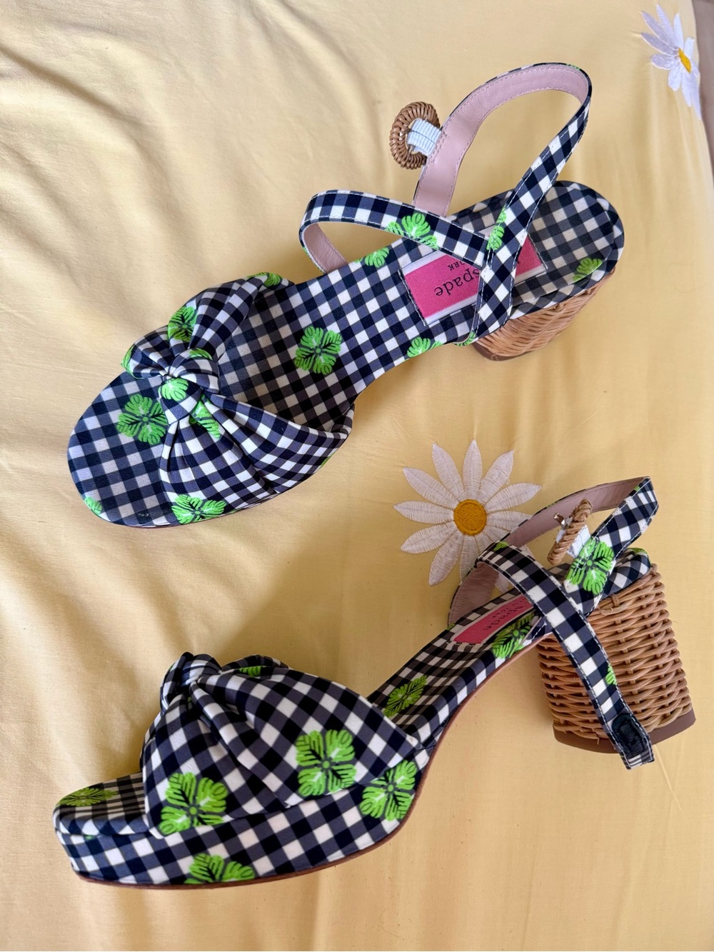 kate spade black & white gingham sandals with green floral accents